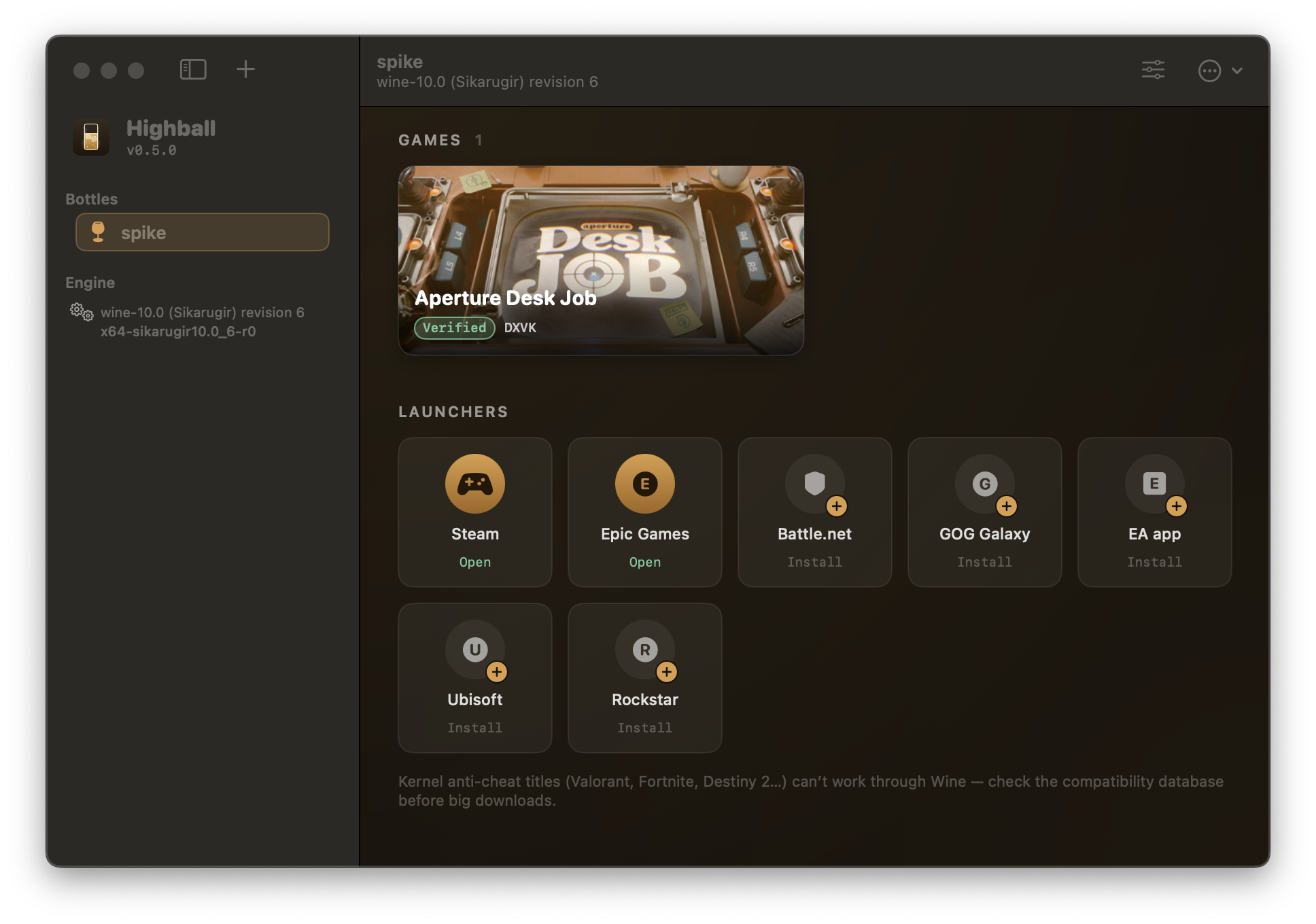 Highball's window: a bottle with a verified game card, renderer verdict, and one-click launcher installs